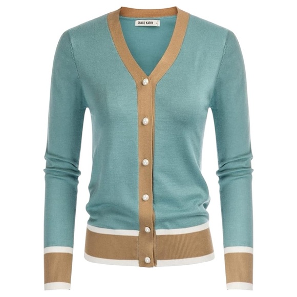 Grace Karin Women’s Size M Blue Teal Colorblock Button Up Sweater Cardigan - Picture 3 of 11